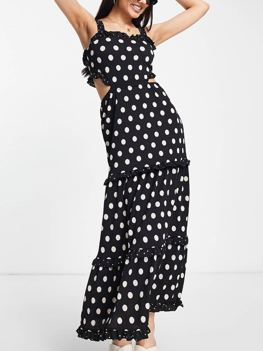 Miss Selfridge Polka dot frill detail cut out maxi dress